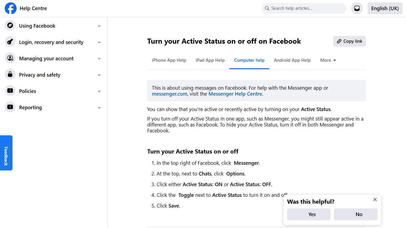 Turn your Active Status on or off on Facebook Facebook Help Centre